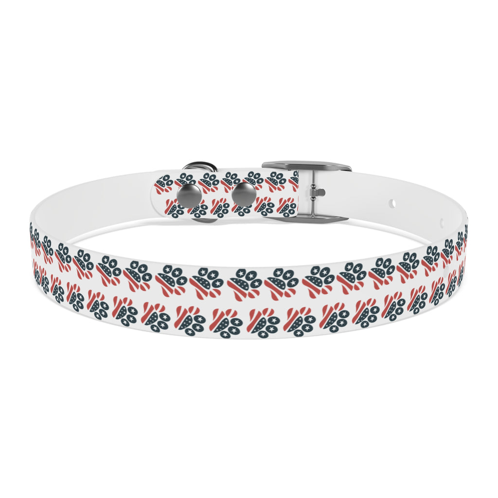 Floral Paw Print Dog Collar — Durable White Collar with Navy & Red Paw Pattern