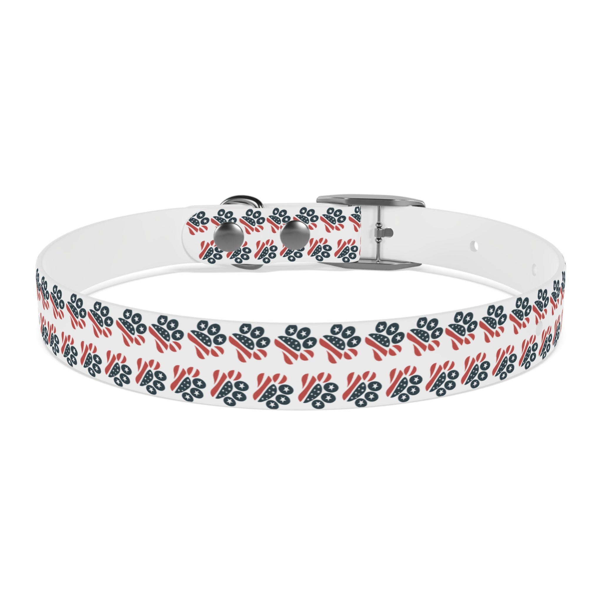 Floral Paw Print Dog Collar — Durable White Collar with Navy & Red Paw Pattern