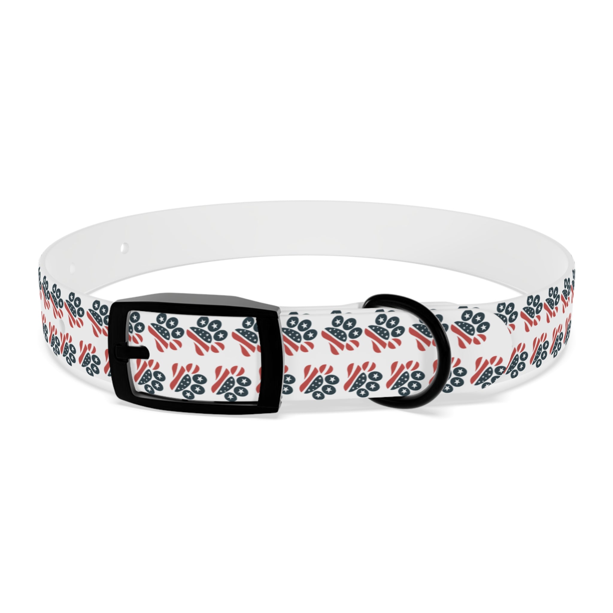 Floral Paw Print Dog Collar — Durable White Collar with Navy & Red Paw Pattern