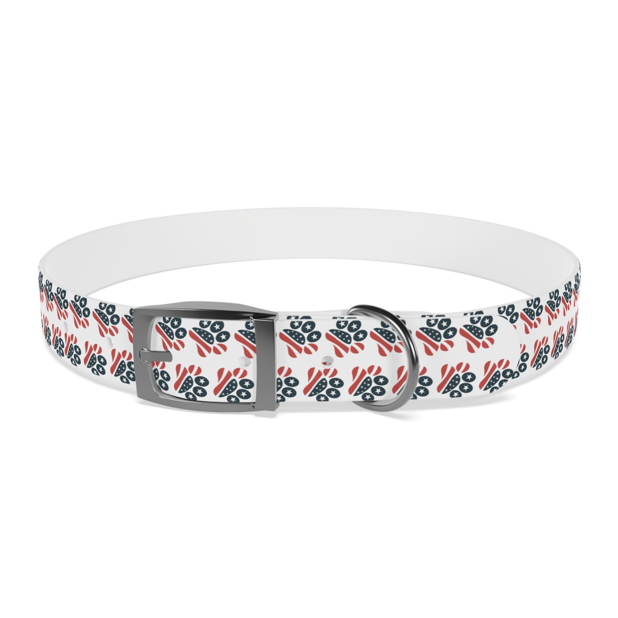 Floral Paw Print Dog Collar — Durable White Collar with Navy & Red Paw Pattern