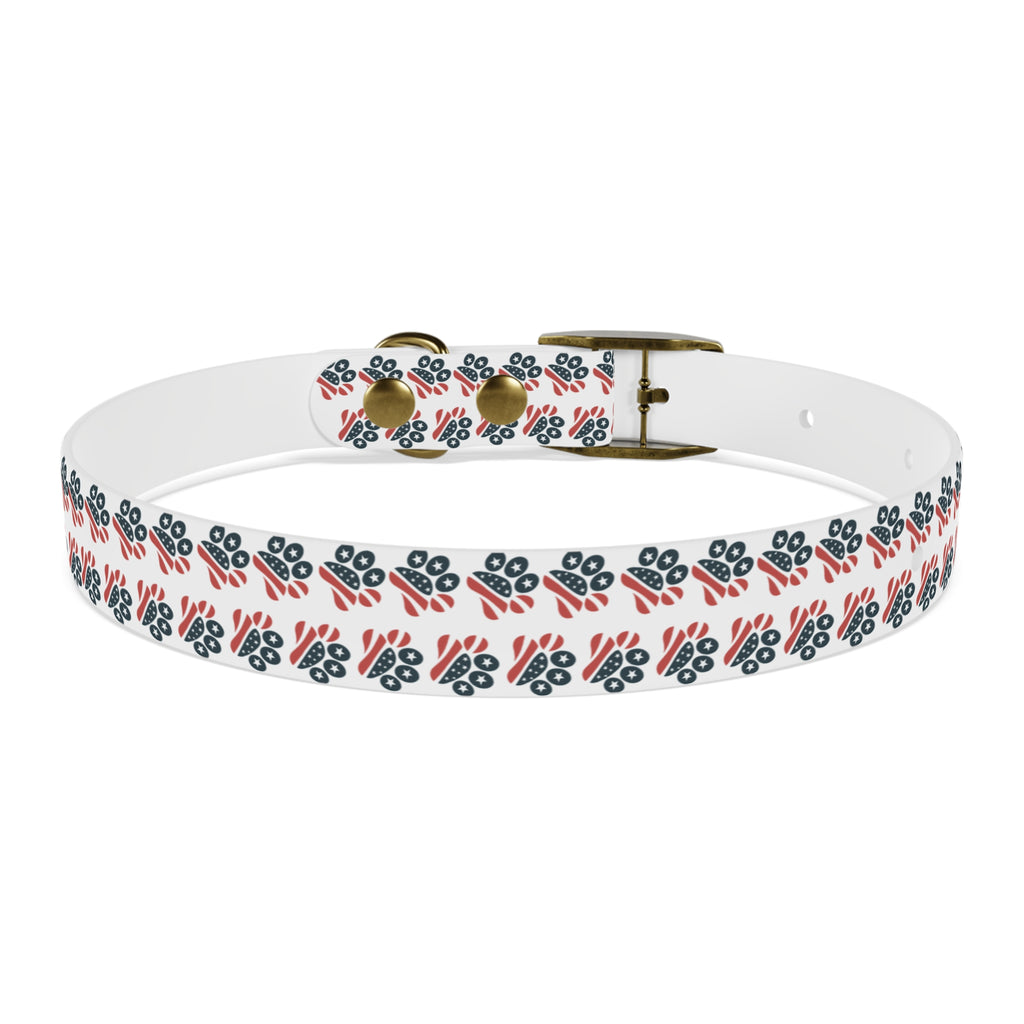 Floral Paw Print Dog Collar — Durable White Collar with Navy & Red Paw Pattern
