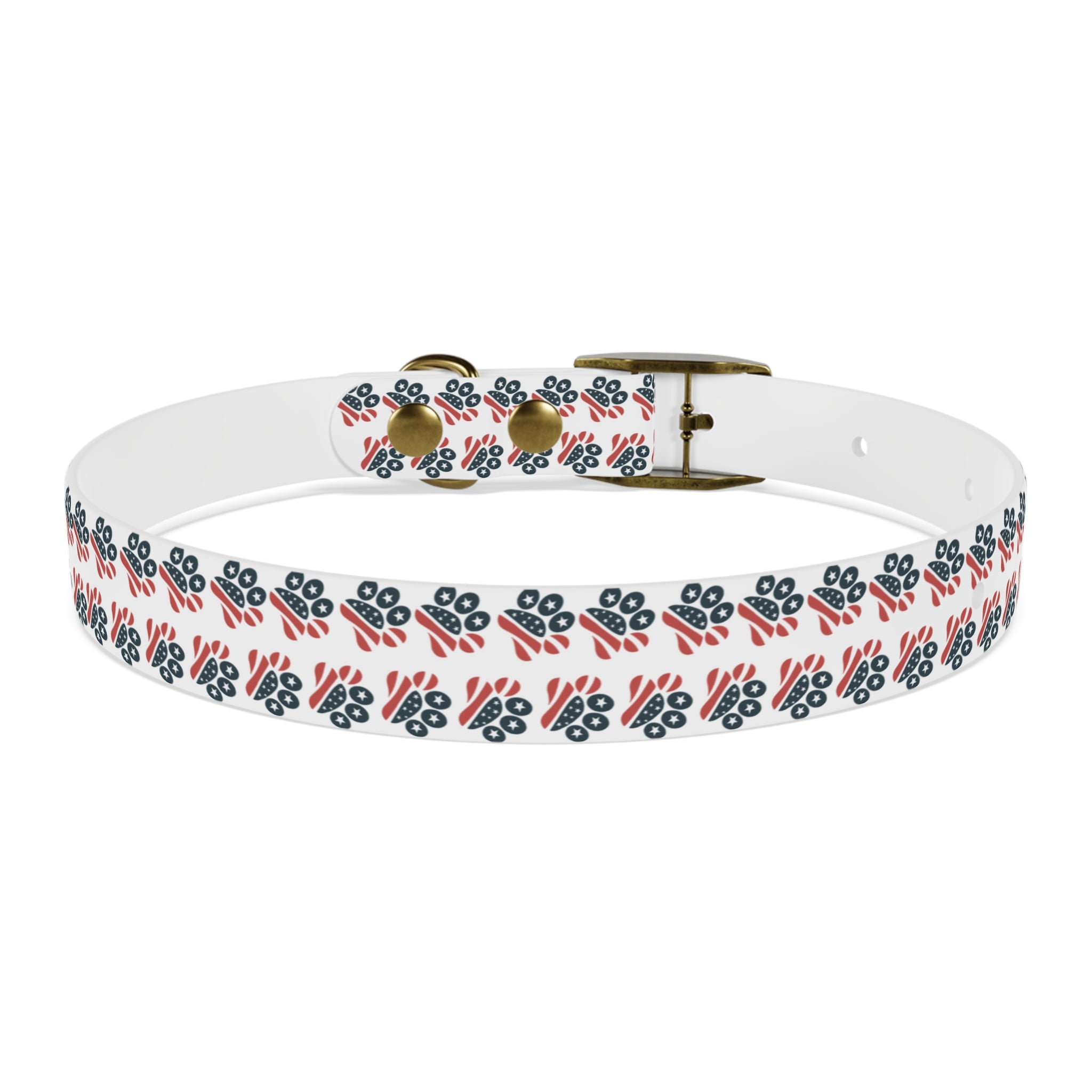 Floral Paw Print Dog Collar — Durable White Collar with Navy & Red Paw Pattern