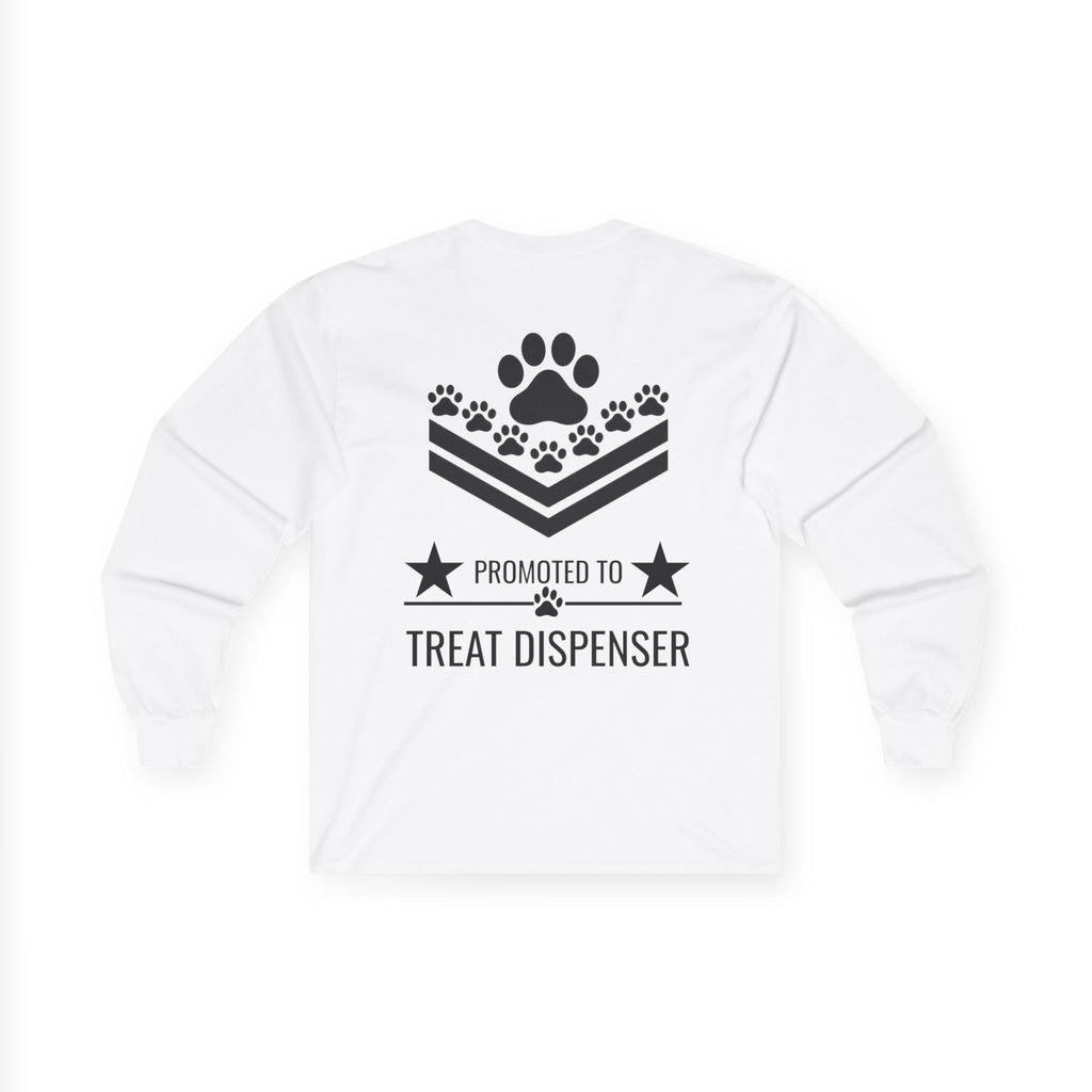 Long Sleeve Tee — "Promoted to Treat Dispenser" Paw Print Shirt