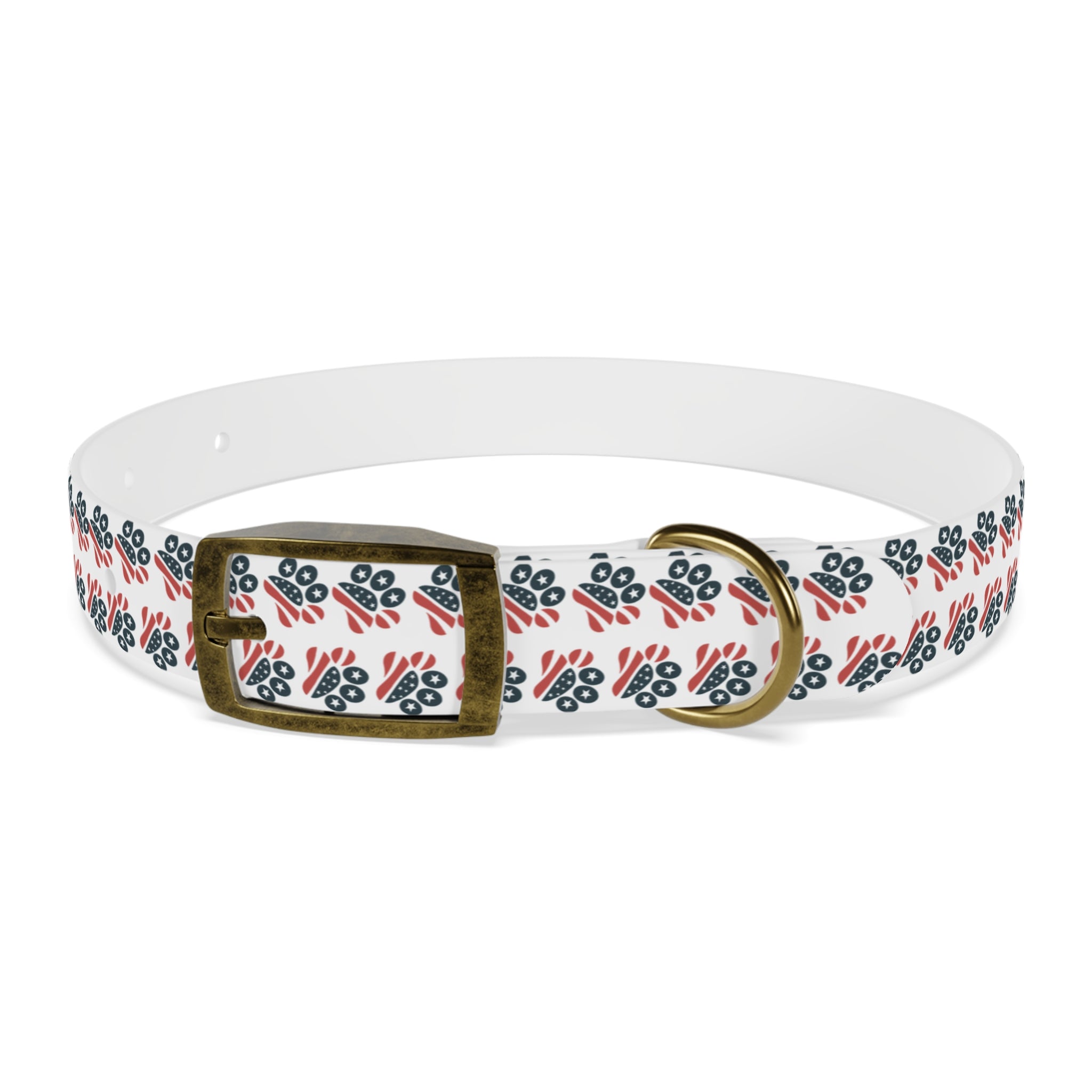 Floral Paw Print Dog Collar — Durable White Collar with Navy & Red Paw Pattern