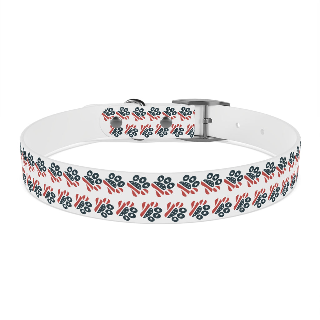 Floral Paw Print Dog Collar — Durable White Collar with Navy & Red Paw Pattern