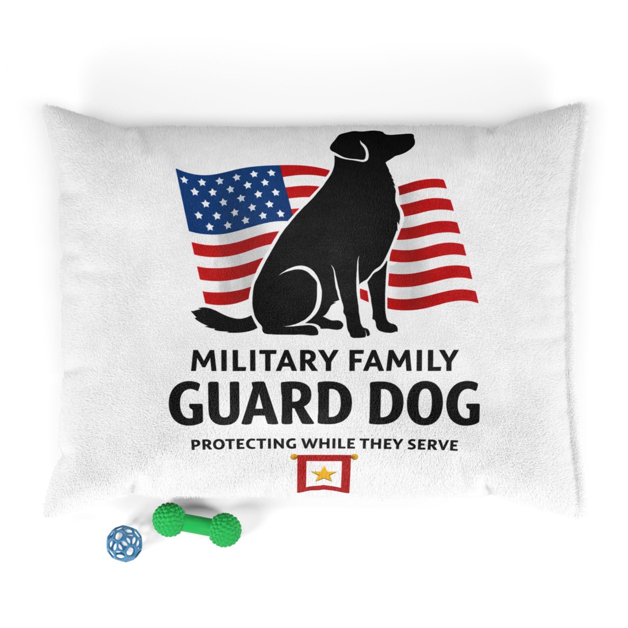 Military Family Guard Dog Pet Bed – "Protecting While They Serve" Patriotic Dog Bed