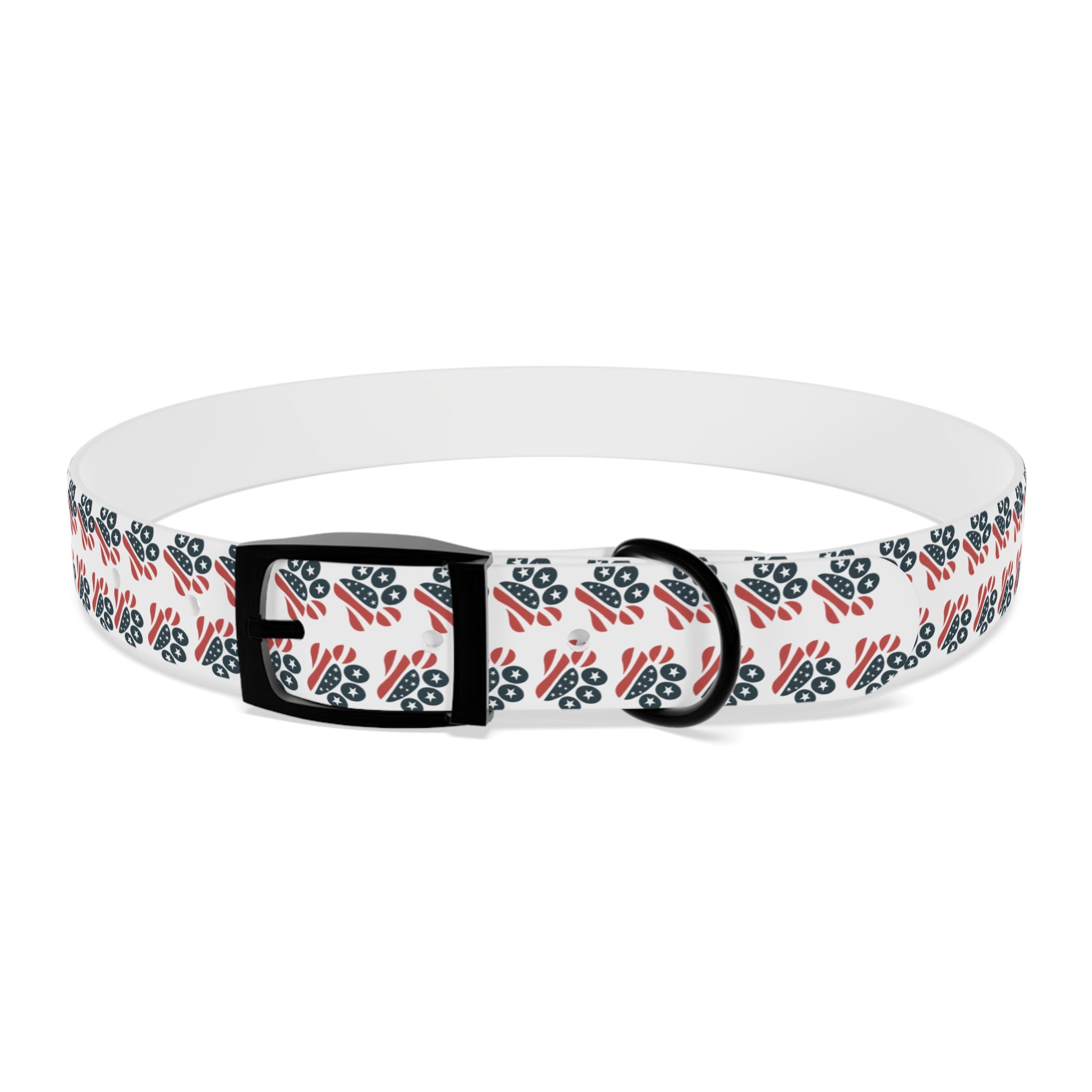 Floral Paw Print Dog Collar — Durable White Collar with Navy & Red Paw Pattern