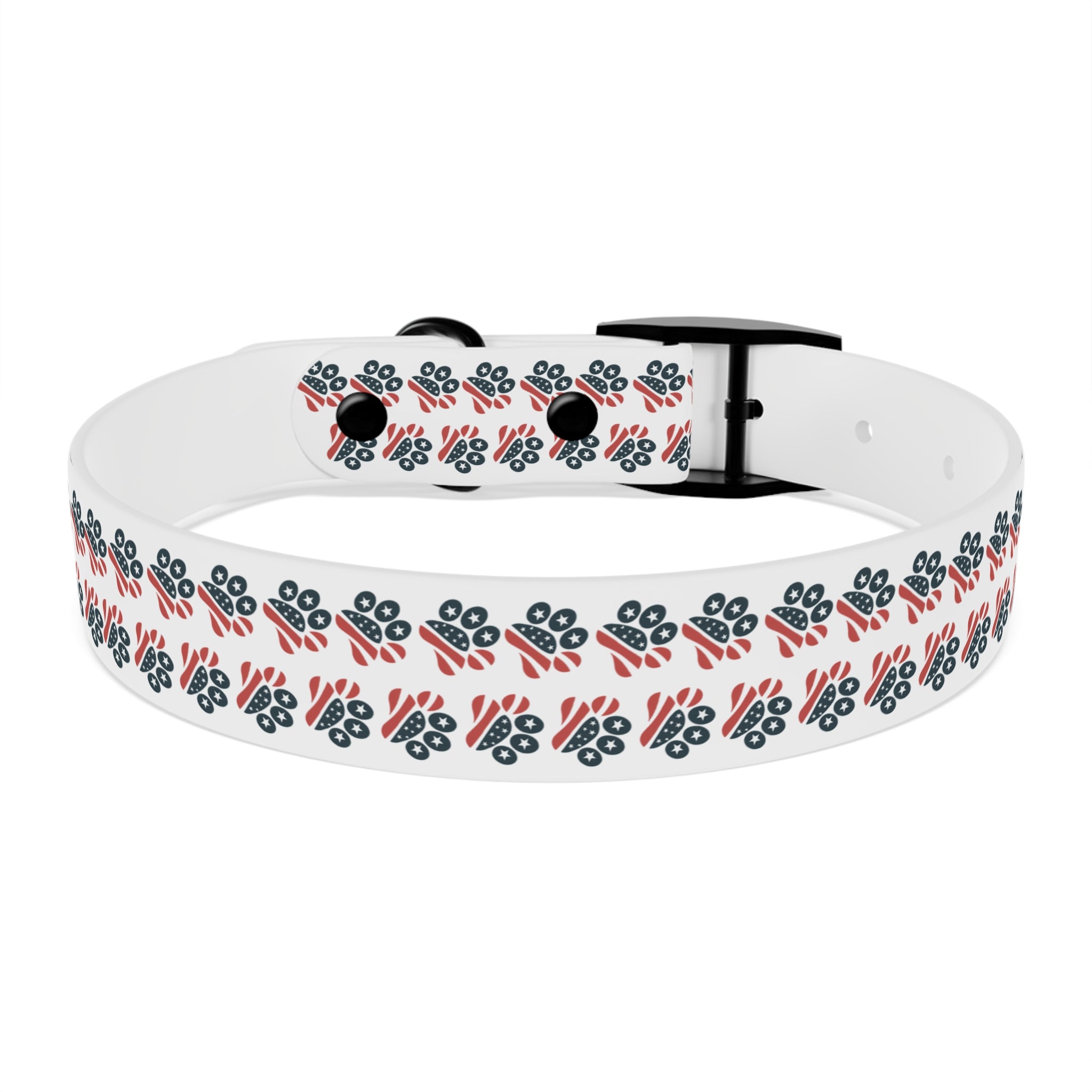 Floral Paw Print Dog Collar — Durable White Collar with Navy & Red Paw Pattern