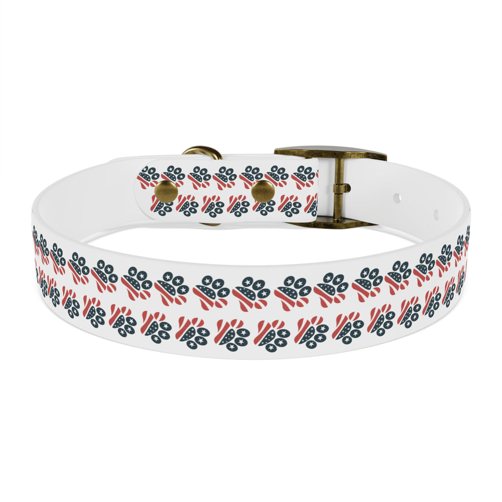 Floral Paw Print Dog Collar — Durable White Collar with Navy & Red Paw Pattern