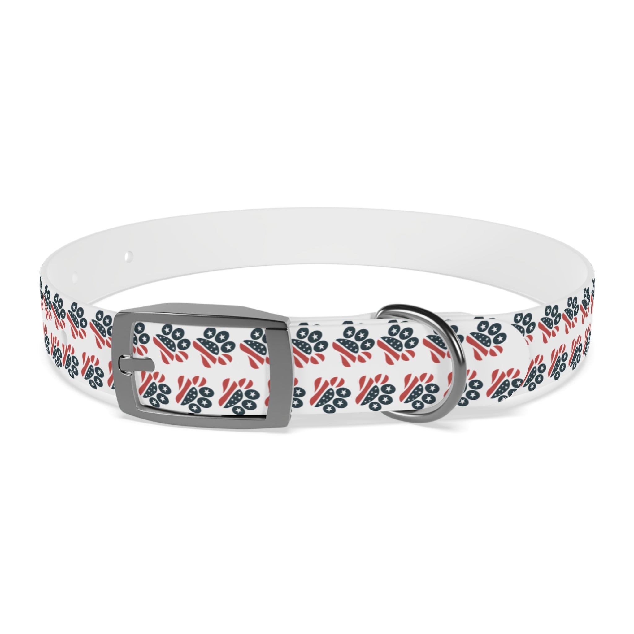 Floral Paw Print Dog Collar — Durable White Collar with Navy & Red Paw Pattern