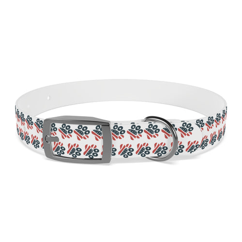 Floral Paw Print Dog Collar — Durable White Collar with Navy & Red Paw Pattern