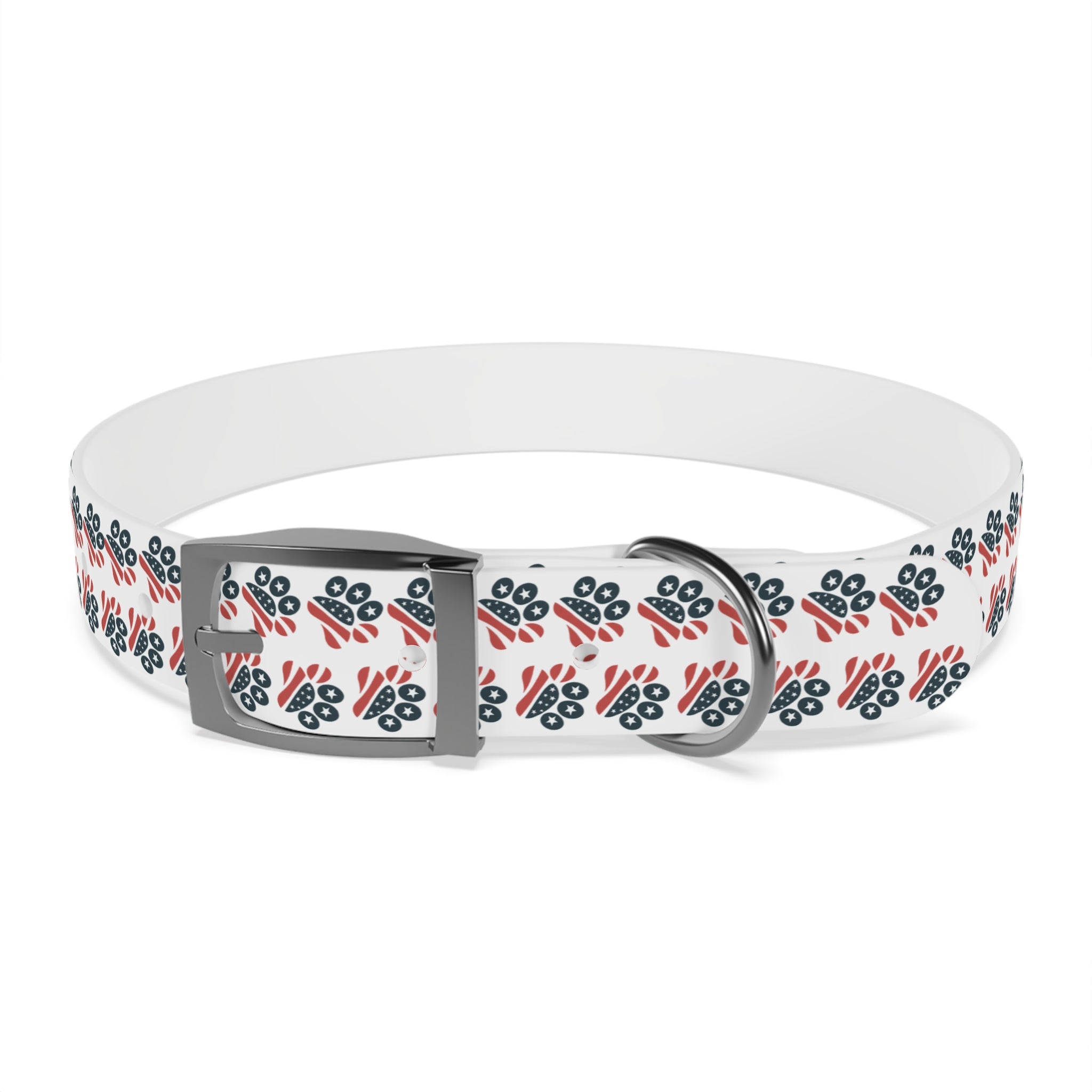 Floral Paw Print Dog Collar — Durable White Collar with Navy & Red Paw Pattern