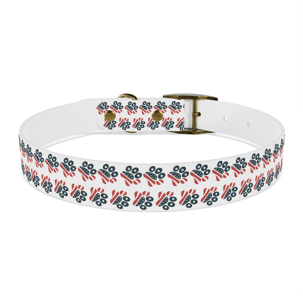 Floral Paw Print Dog Collar — Durable White Collar with Navy & Red Paw Pattern