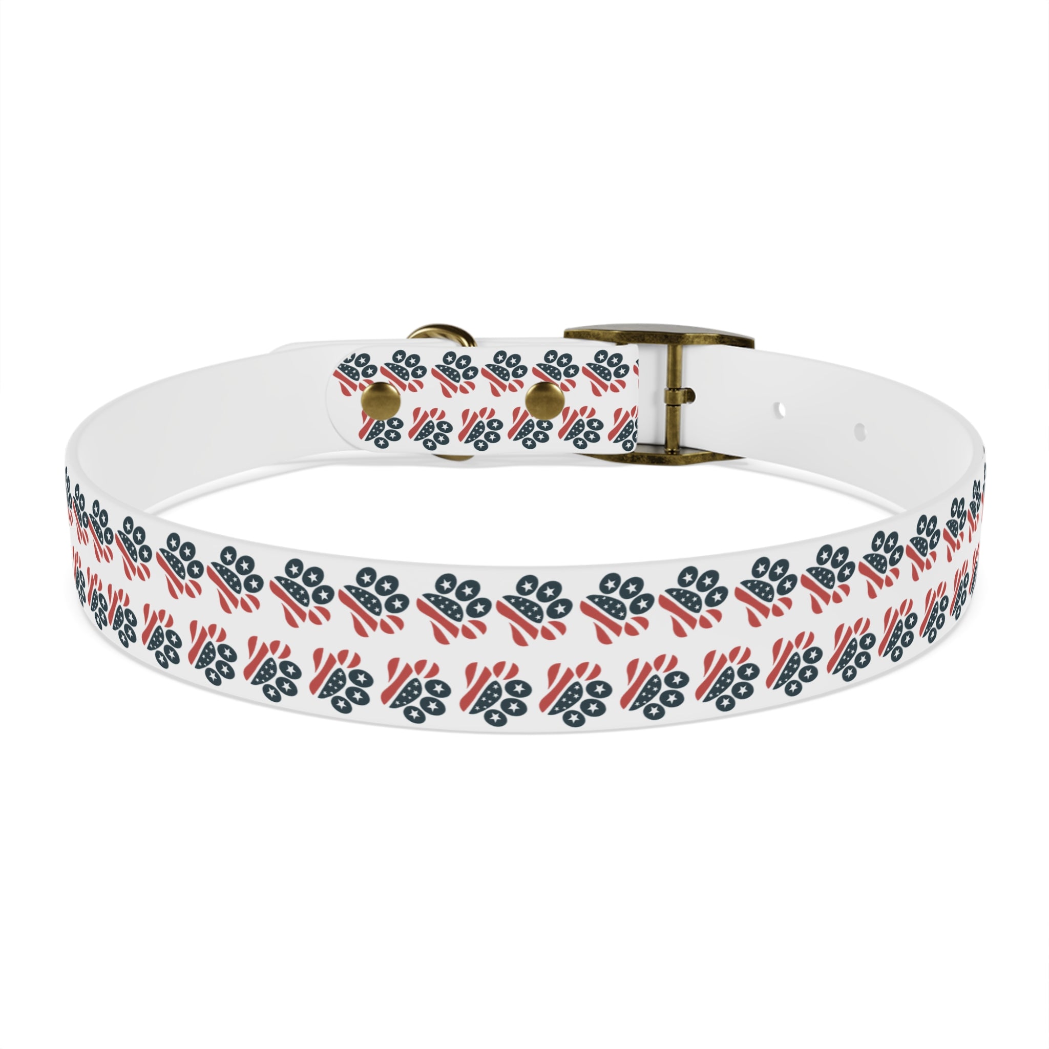 Floral Paw Print Dog Collar — Durable White Collar with Navy & Red Paw Pattern