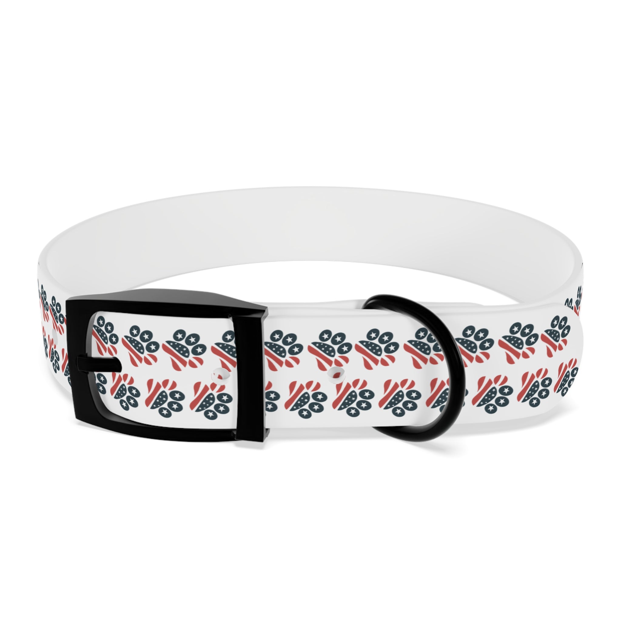 Floral Paw Print Dog Collar — Durable White Collar with Navy & Red Paw Pattern