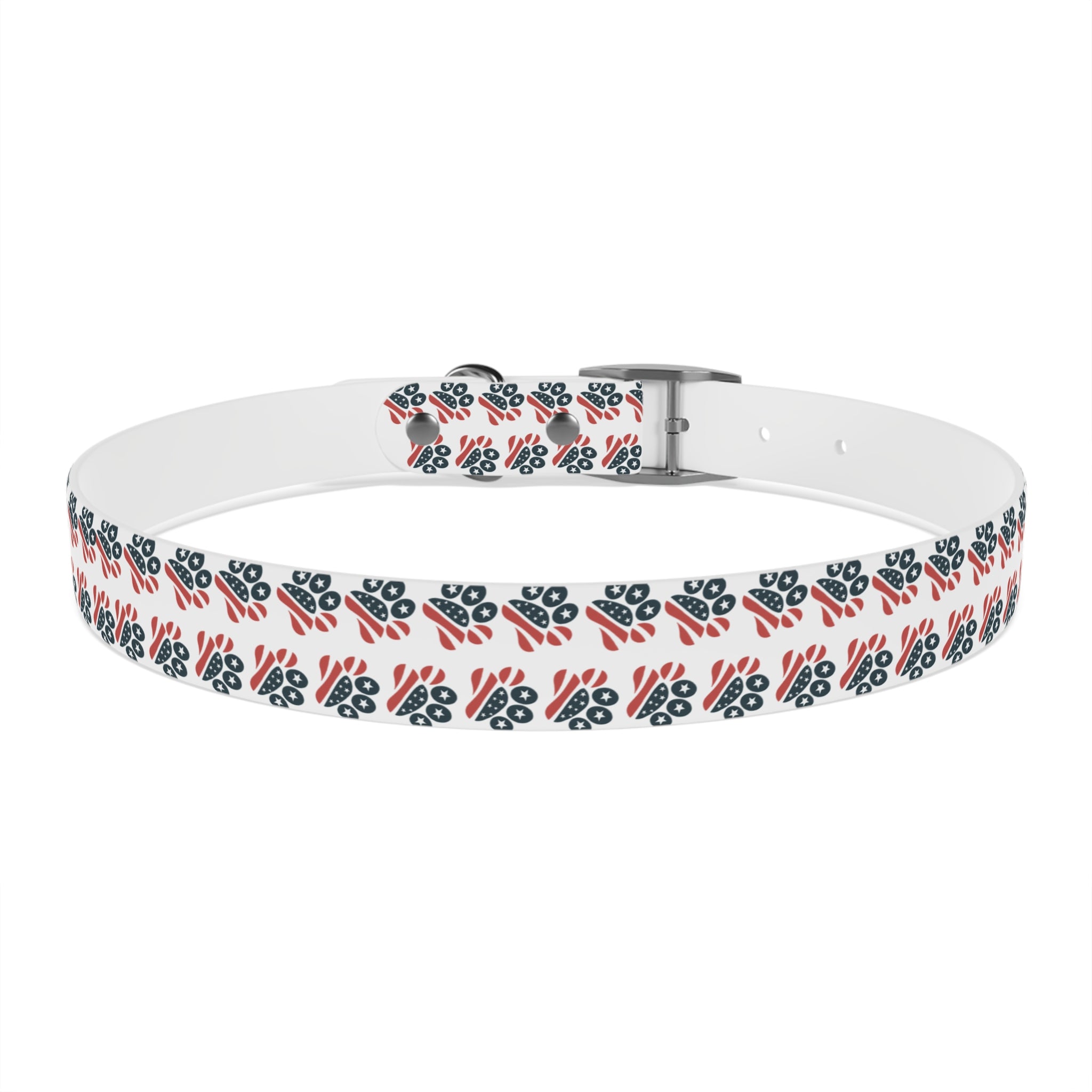 Floral Paw Print Dog Collar — Durable White Collar with Navy & Red Paw Pattern