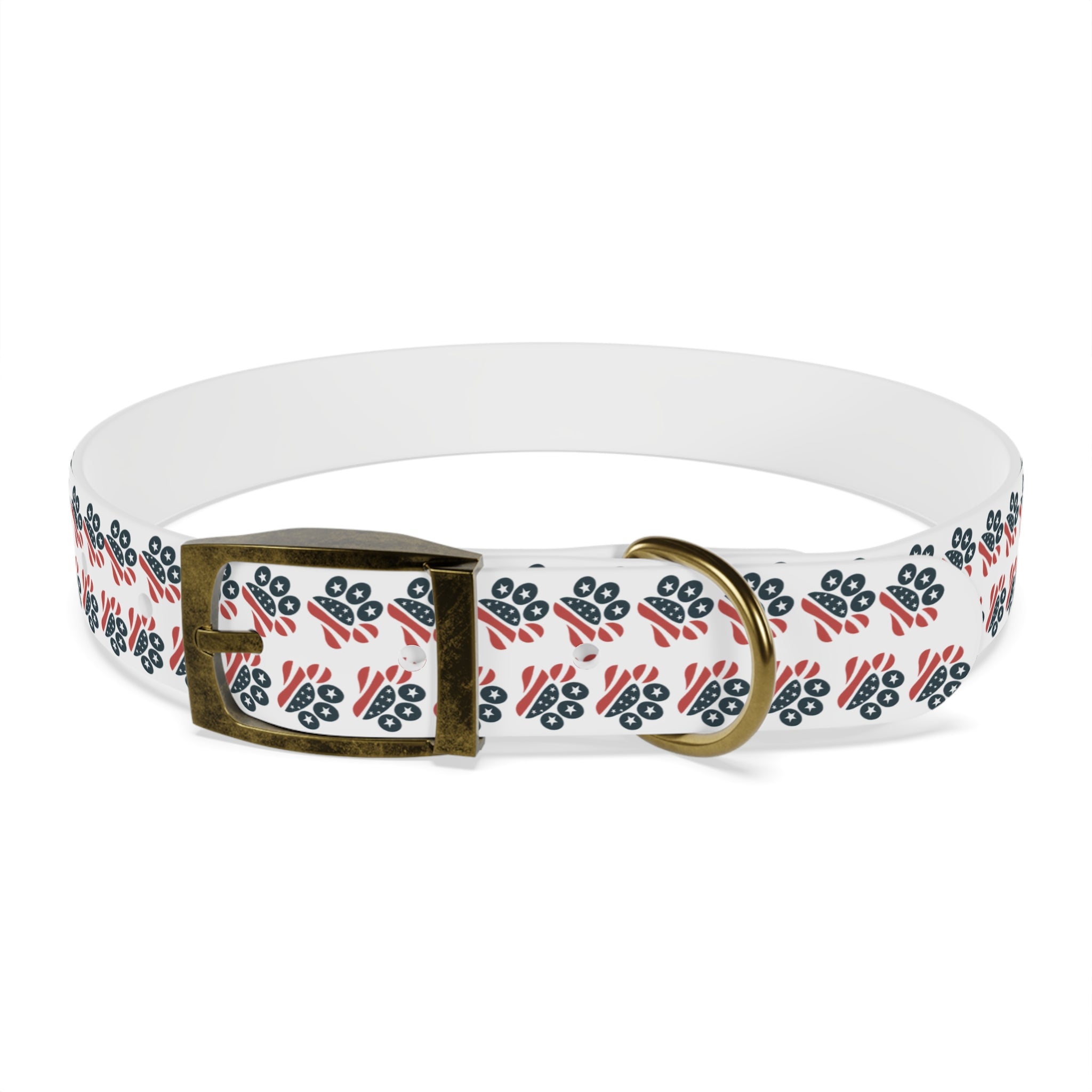 Floral Paw Print Dog Collar — Durable White Collar with Navy & Red Paw Pattern