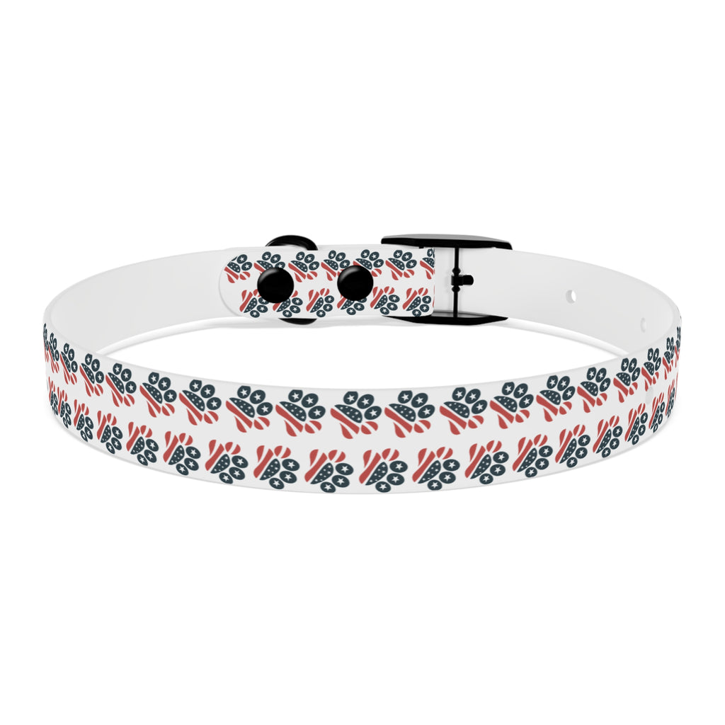 Floral Paw Print Dog Collar — Durable White Collar with Navy & Red Paw Pattern