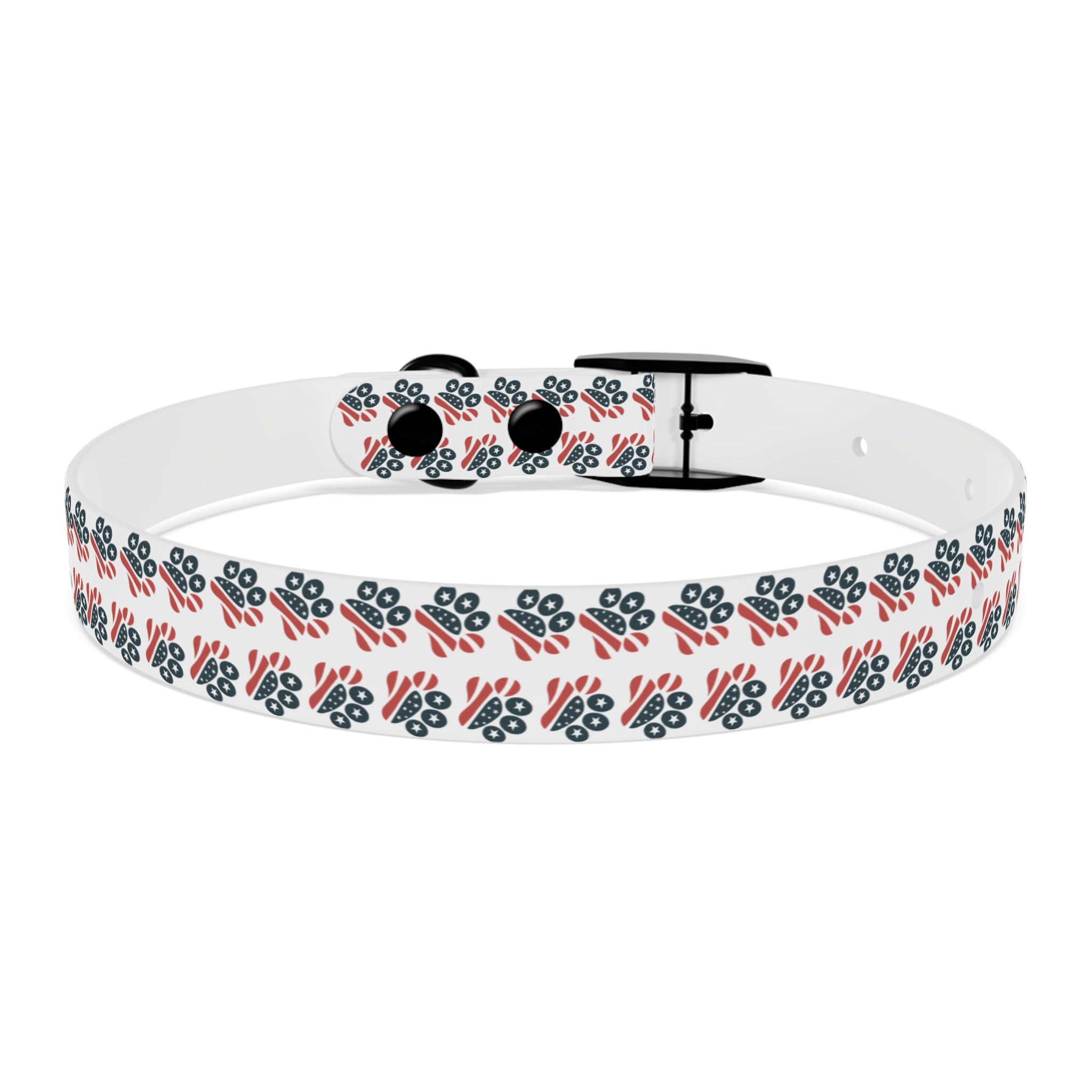 Floral Paw Print Dog Collar — Durable White Collar with Navy & Red Paw Pattern