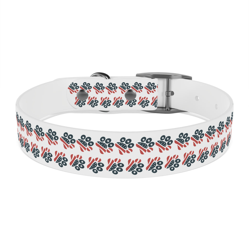 Floral Paw Print Dog Collar — Durable White Collar with Navy & Red Paw Pattern
