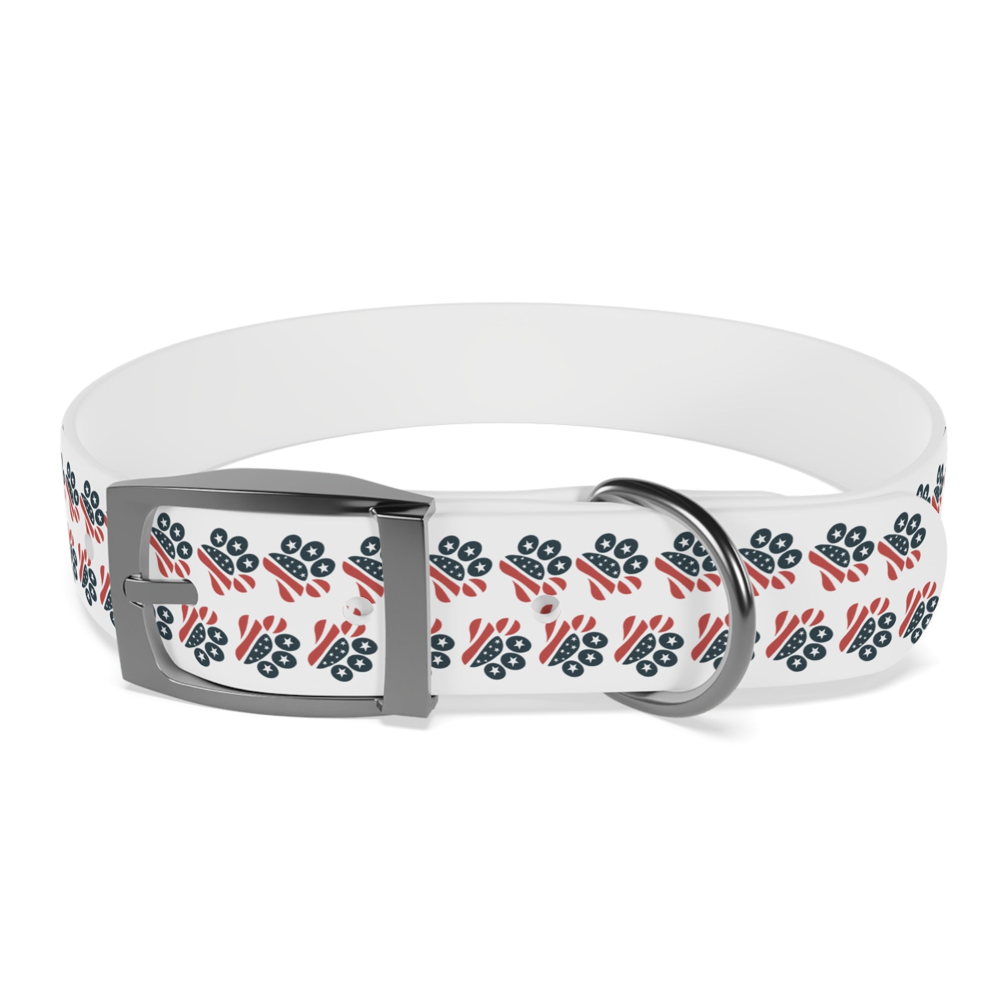 Floral Paw Print Dog Collar — Durable White Collar with Navy & Red Paw Pattern
