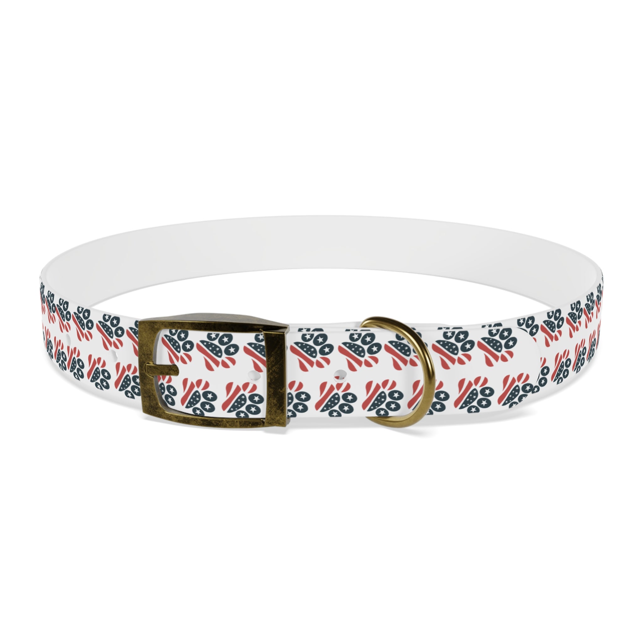 Floral Paw Print Dog Collar — Durable White Collar with Navy & Red Paw Pattern