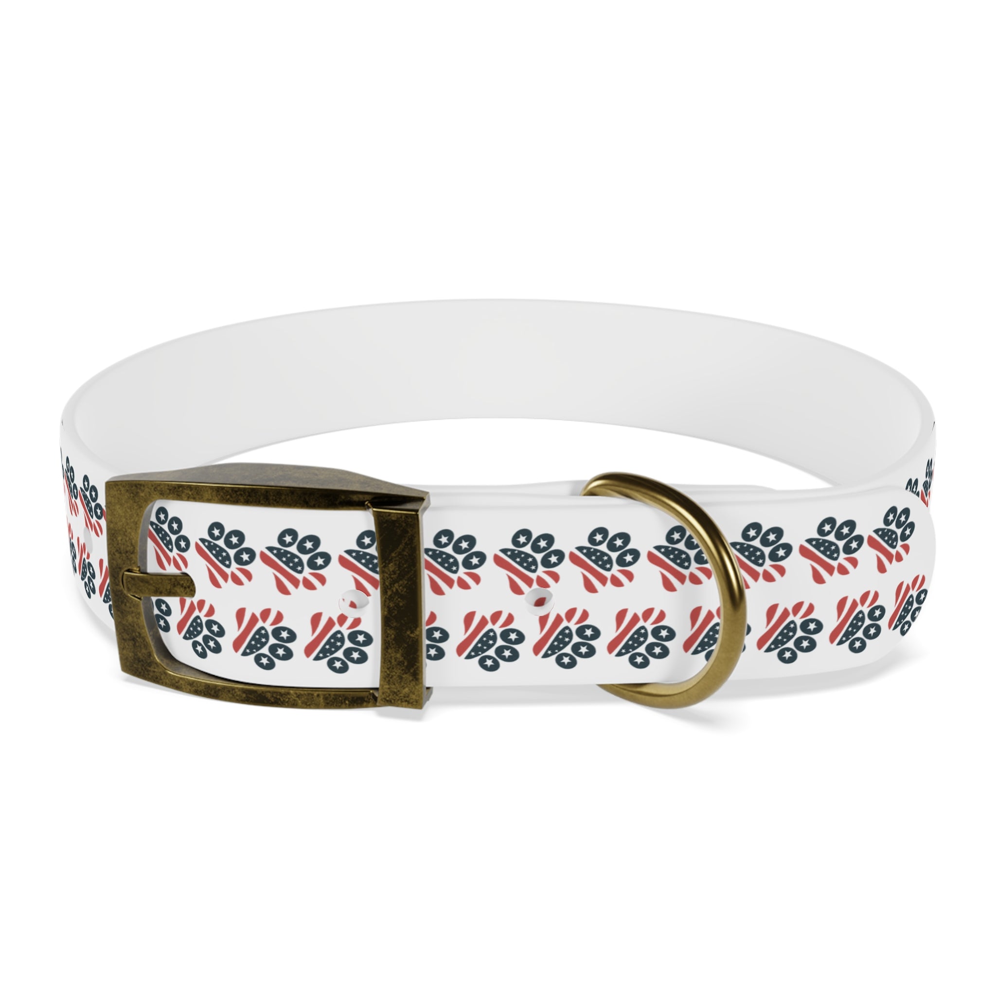 Floral Paw Print Dog Collar — Durable White Collar with Navy & Red Paw Pattern